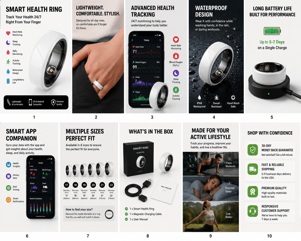 Smart Health Ring – 24/7 Heart Rate, Sleep & Blood Oxygen Fitness Tracker